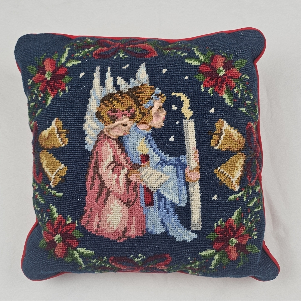 Vintage‎ Praying Children Christmas Needlepoint Throw Pillow 12x12 Bells Holly